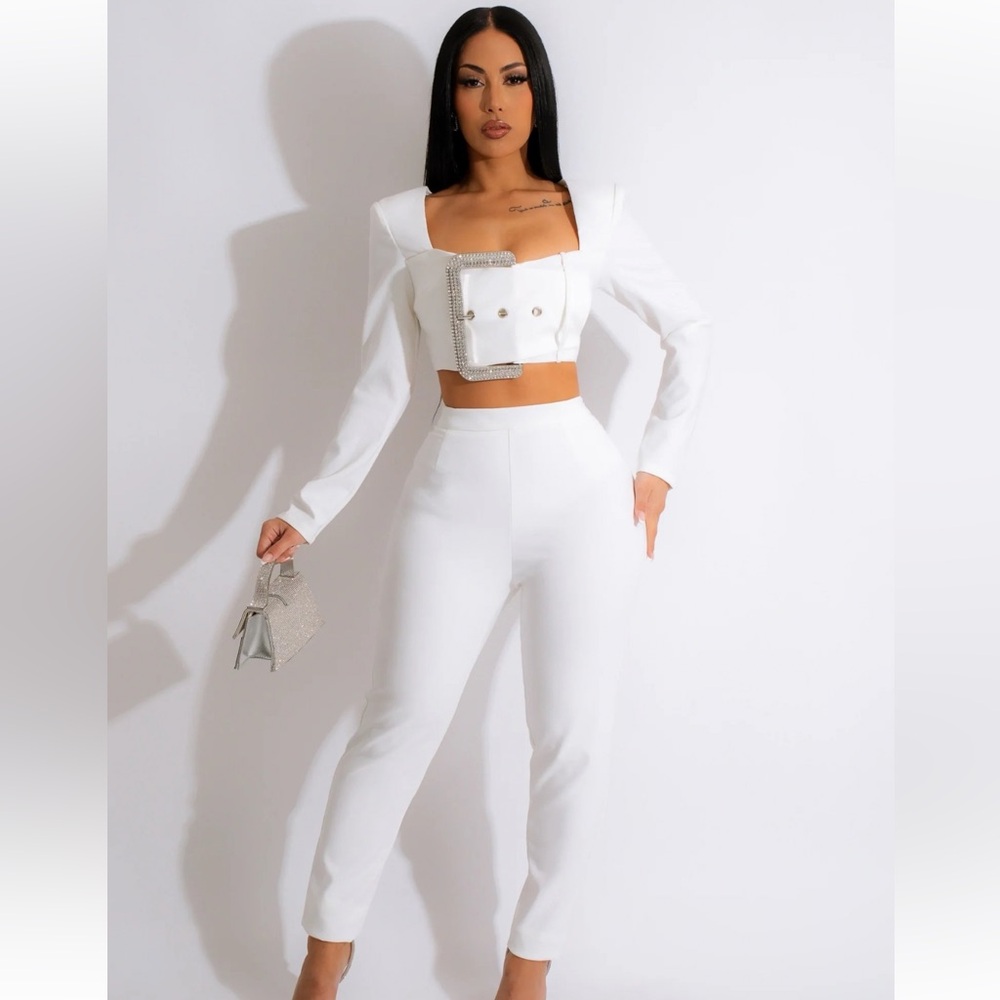 White Large Rhinestone Buckle Crop Top and Pant Set